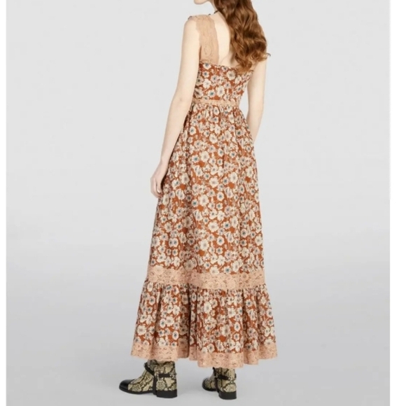 Floral-Print Lace-Trimmed Cotton Twill Midi Dress in Brown Cottagecore Prarie M - Picture 4 of 13